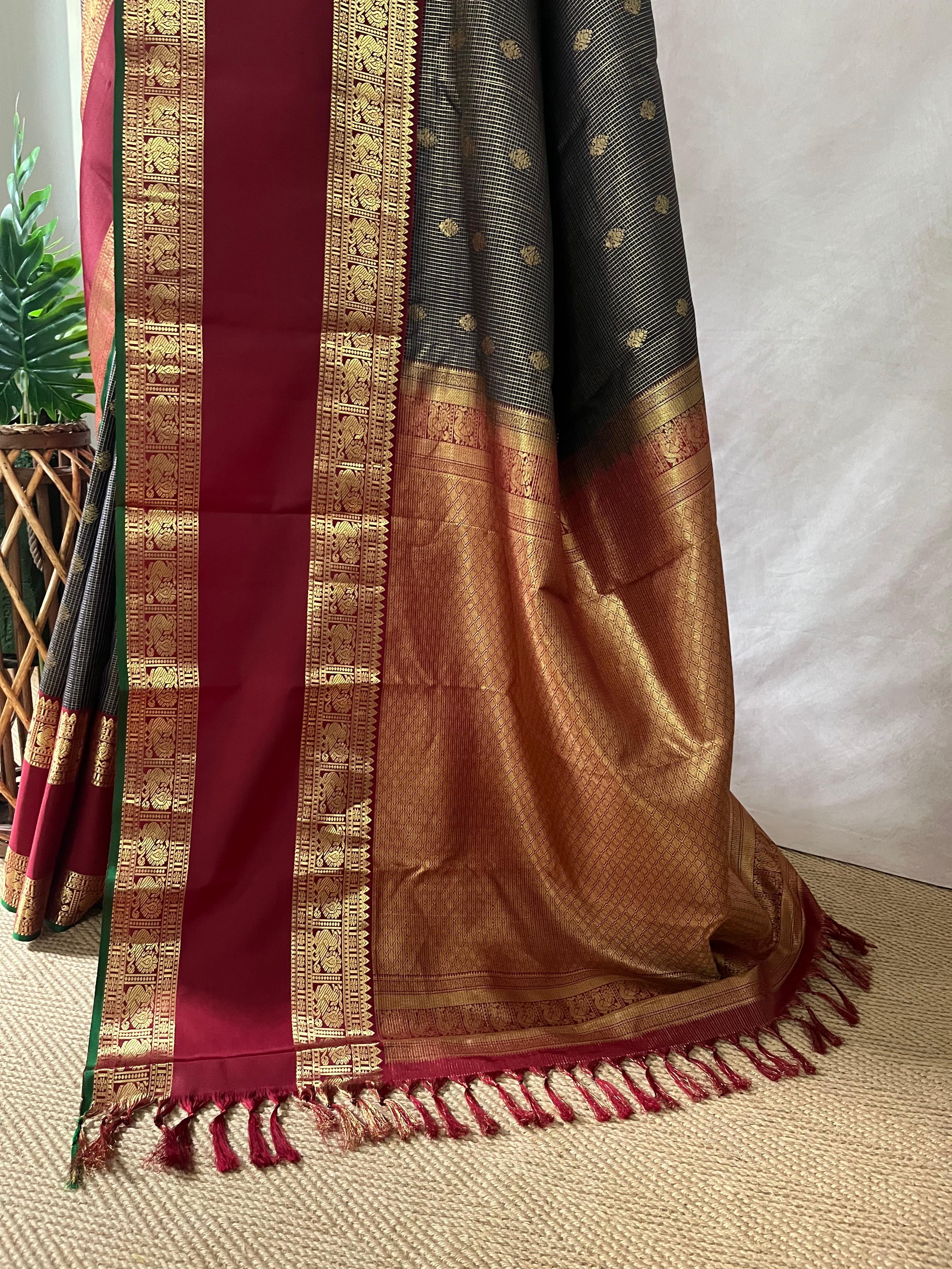 Navy Blue and Maroon Kanchivaram Saree With Stitched Blouse