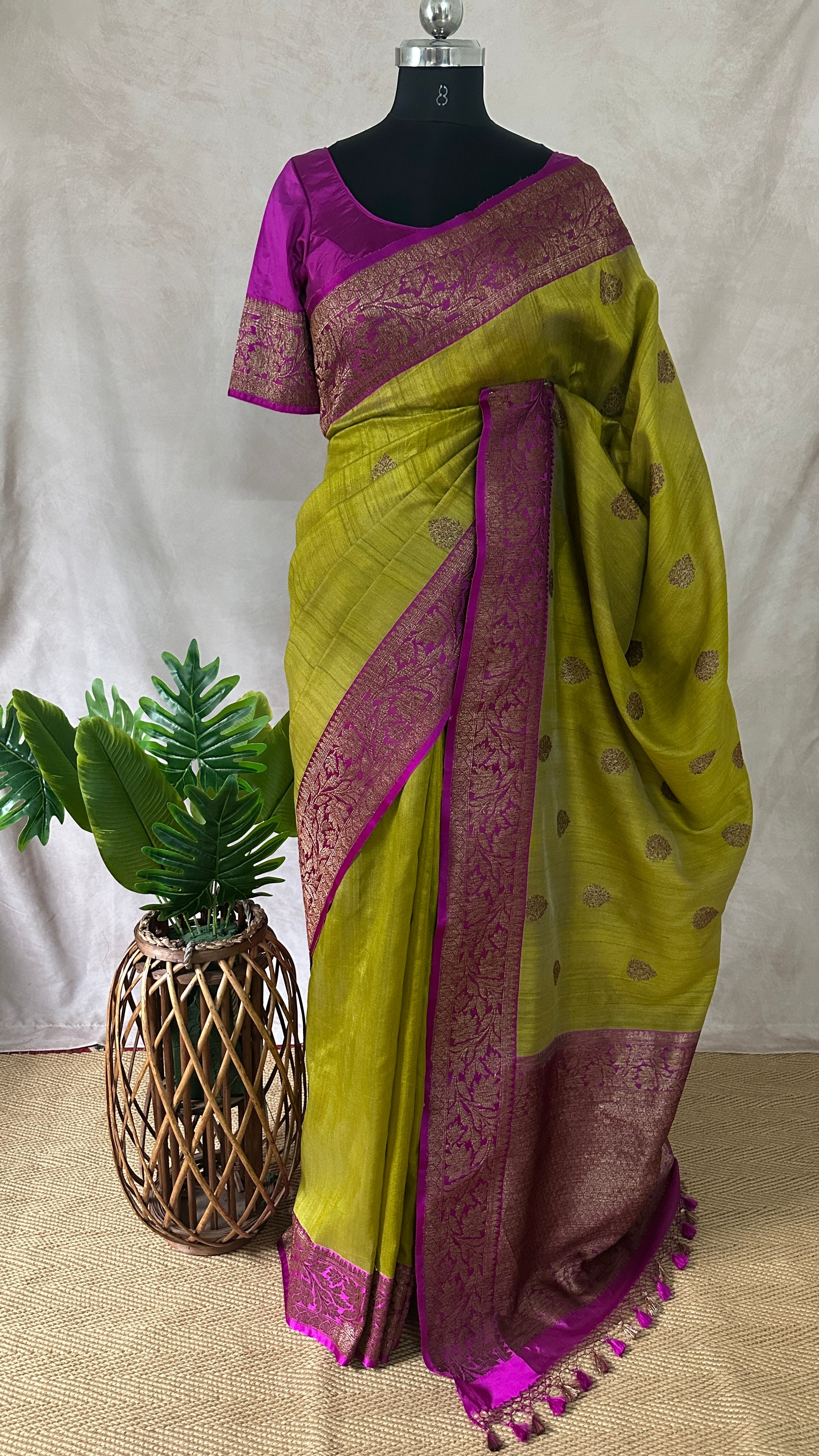 Pure silk Tussar Banarsi saree with stitched blouse