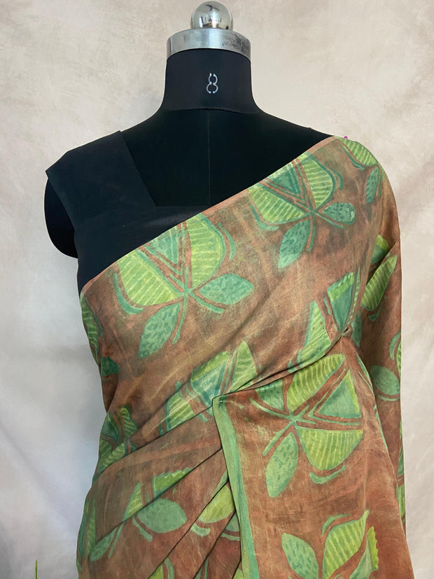 Nashpal Tussar by modal silk saree with hand block print with natural dye, with BP