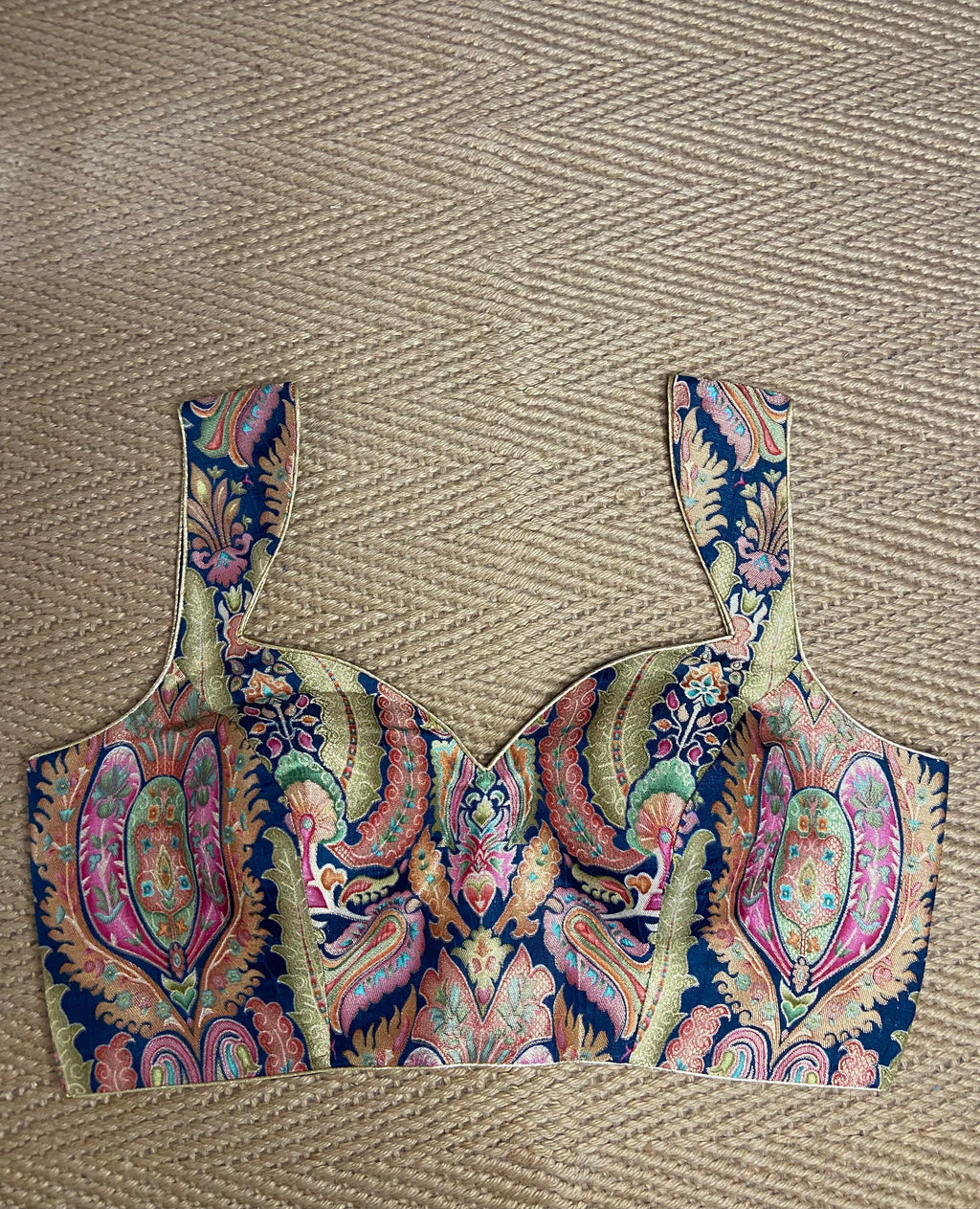 Blue multi-color brocade blouse