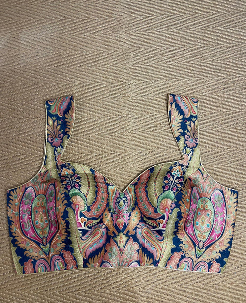 Blue multi-color brocade blouse