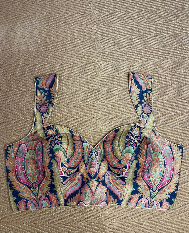 Blue multi-color brocade blouse