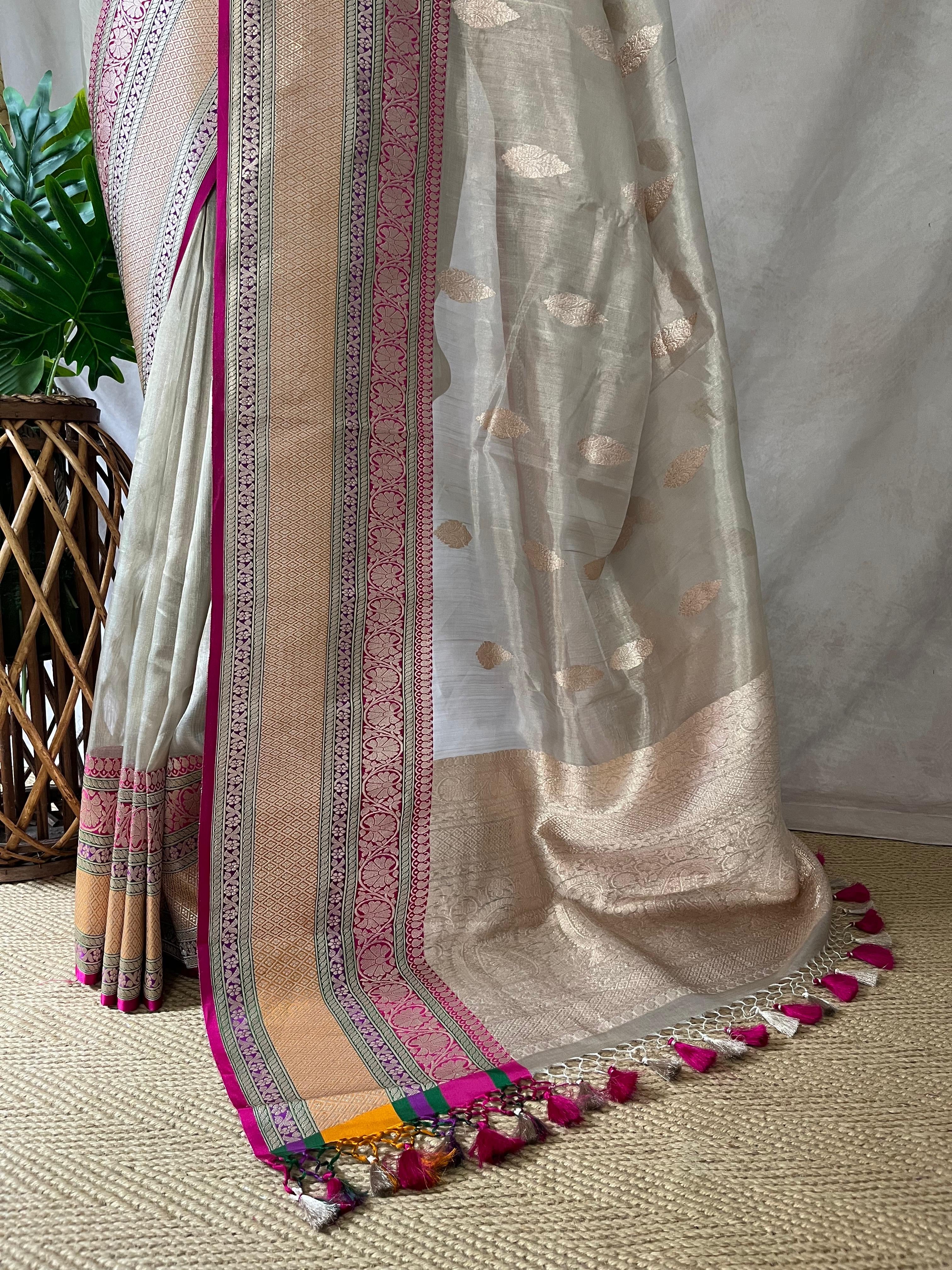 Cora tissue silk saree with multi color banarsi Border, with stitched blouse