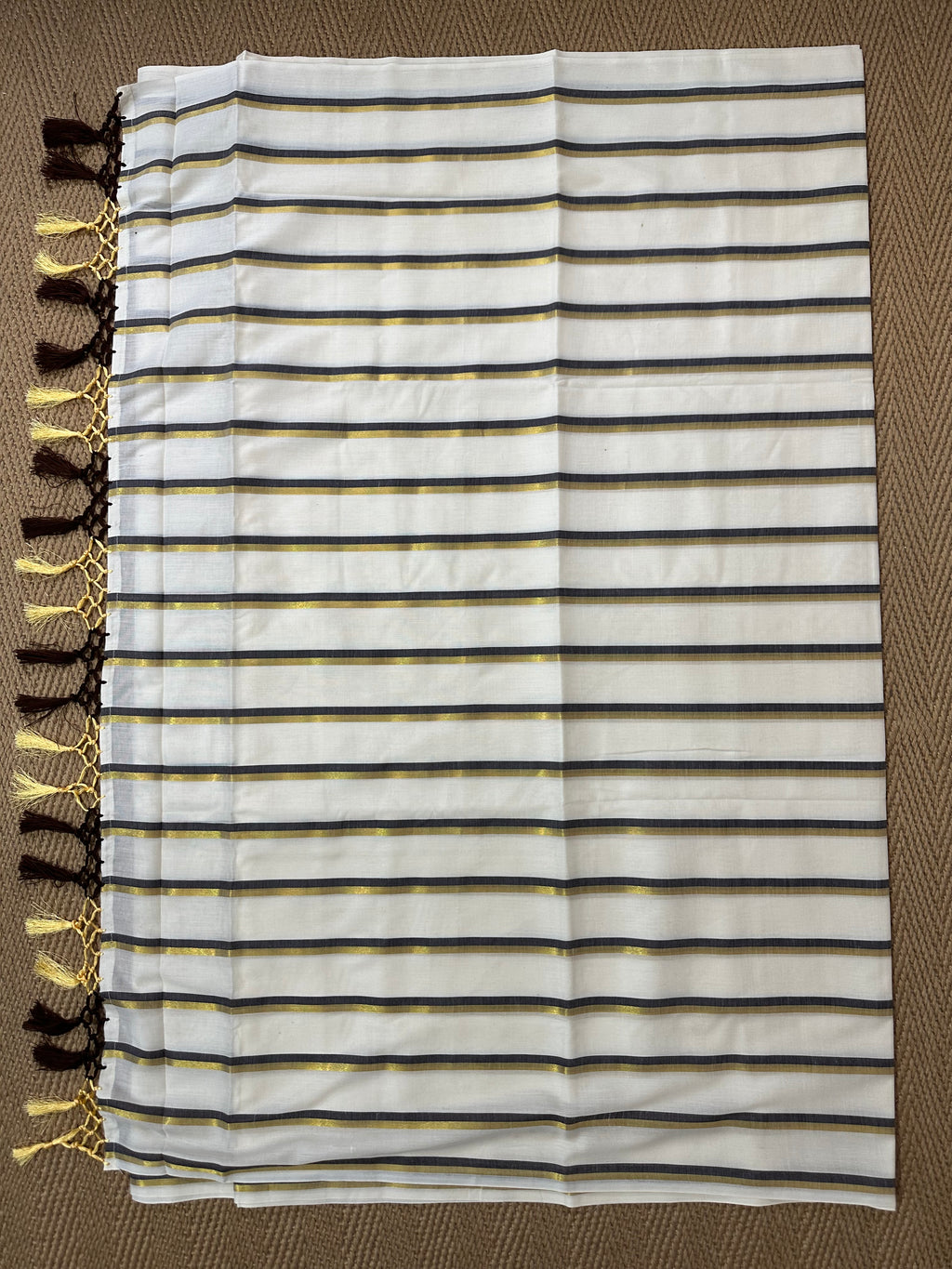 Soft cotton saree with coffee brown and gold lines