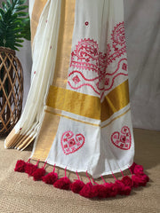 Soft cotton saree with Kutch and mirror work, and Pompom