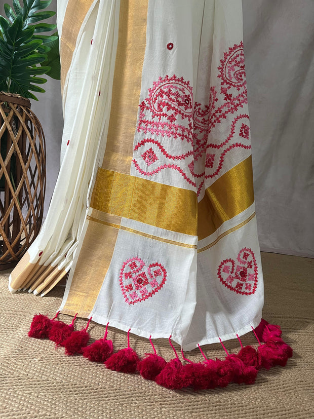 Soft cotton saree with Kutch and mirror work, and Pompom