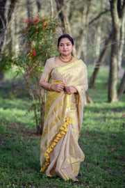 Cotton tissue saree with pom Pom