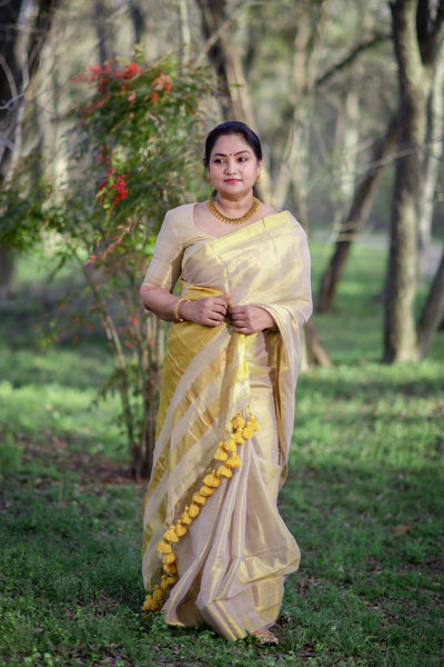Cotton tissue saree with pom Pom