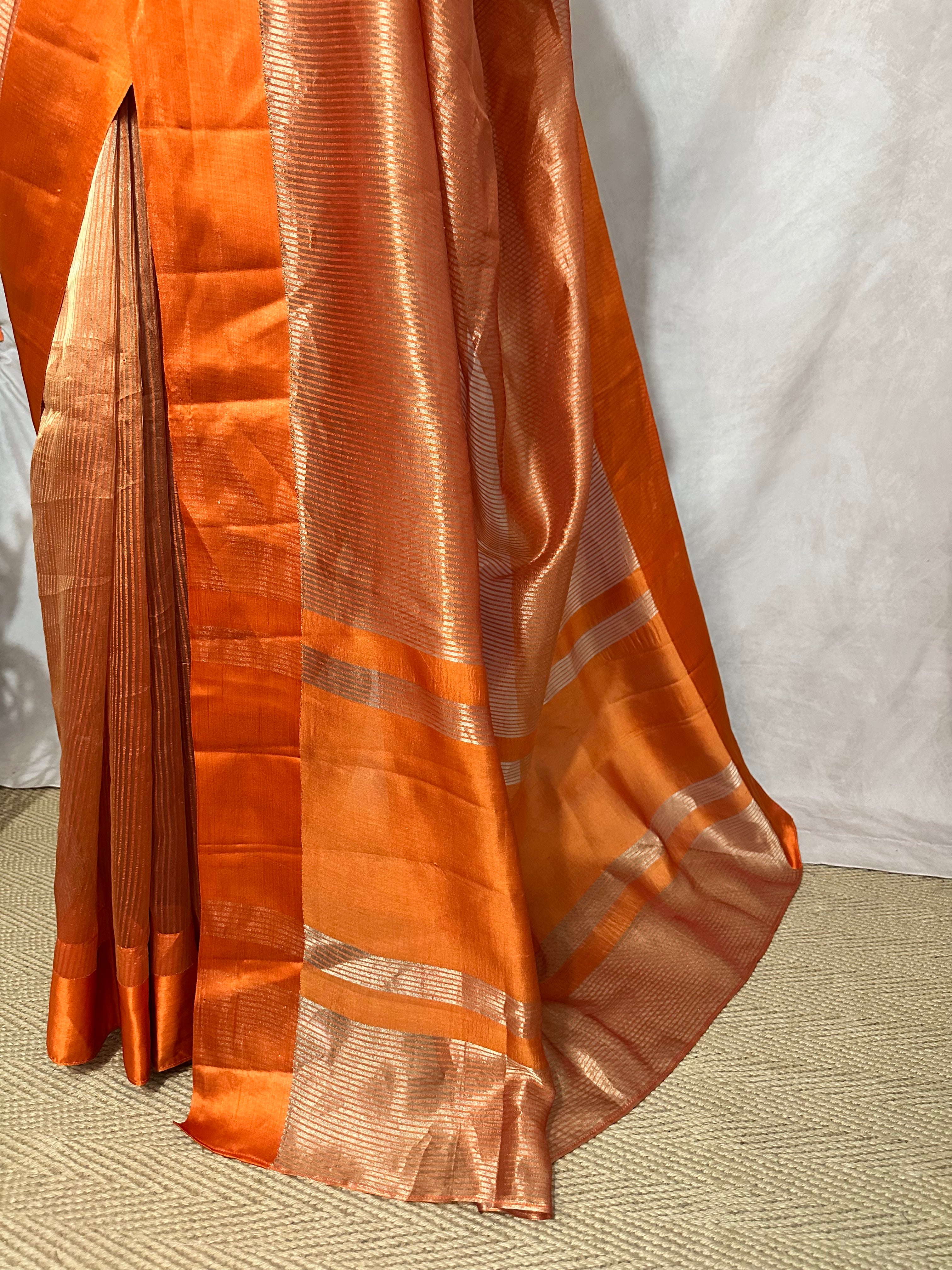 Orange stripe tissue silk saree with stitched blouse