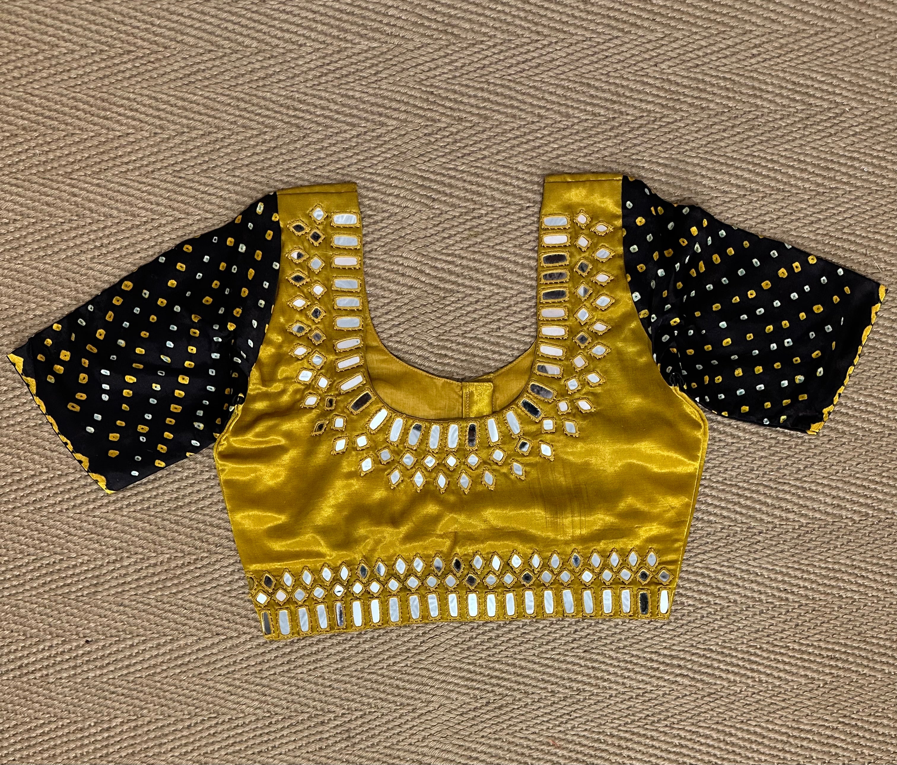 Mustard yellow modal silk blouse with mirror work and brown bandej sleeves