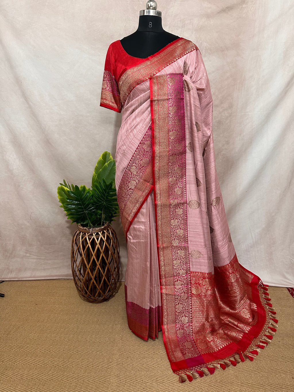 Pure dupion silk saree with banarsi border and stitched blouse