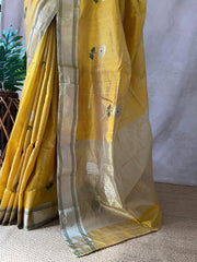 Yellow pure chanderi katan silk handwoven saree with stitched blouse