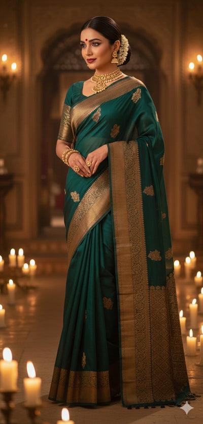 Forest green pure organza silk saree with stitched blouse