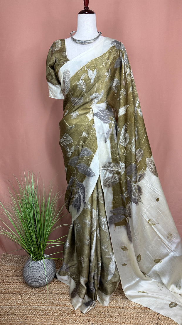 Eco printed modal silk saree with stitched blouse