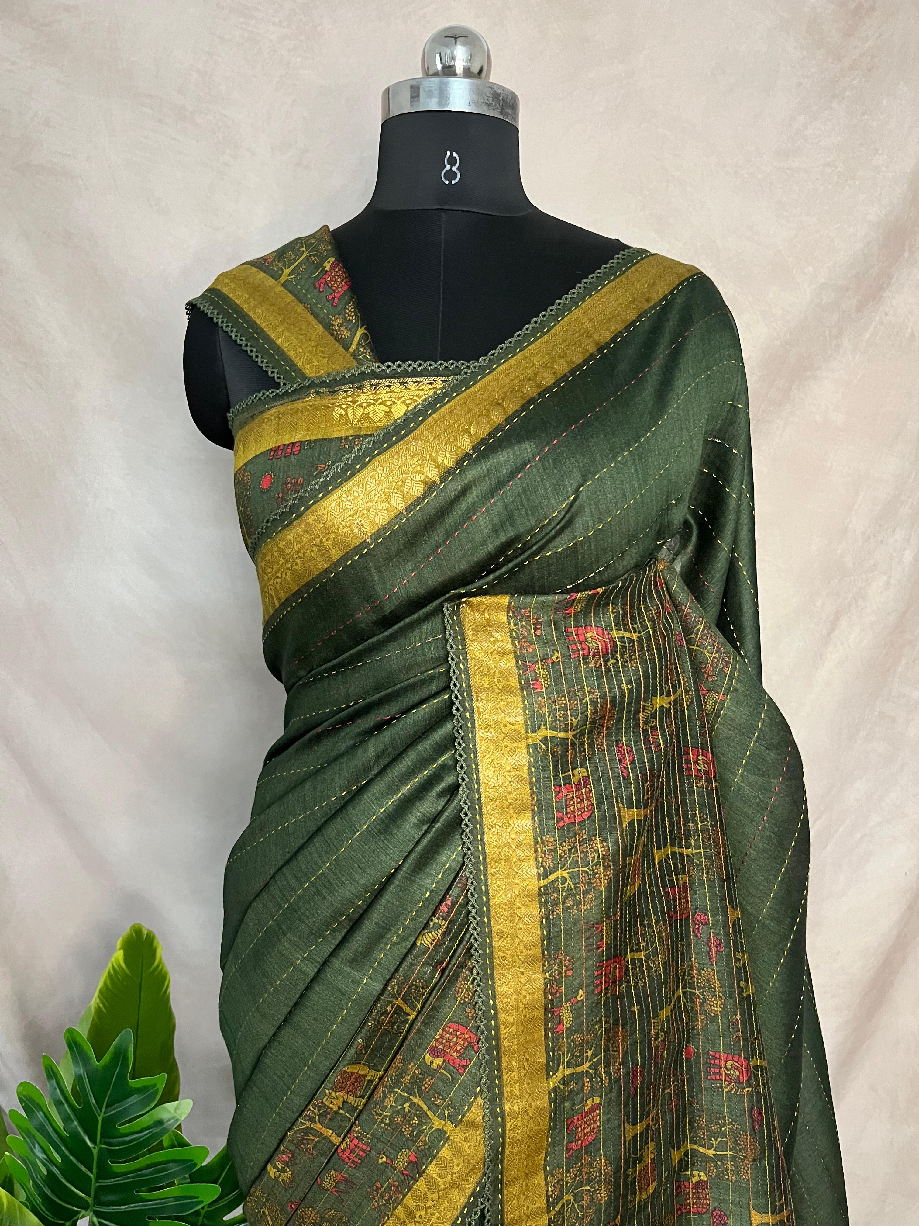 Green and yellow  blended  tussar silk saree with digital print and highlighted kantha work, includes BP