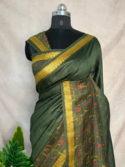 Green and yellow tussar silk saree with digital print and highlighted kantha work, includes BP