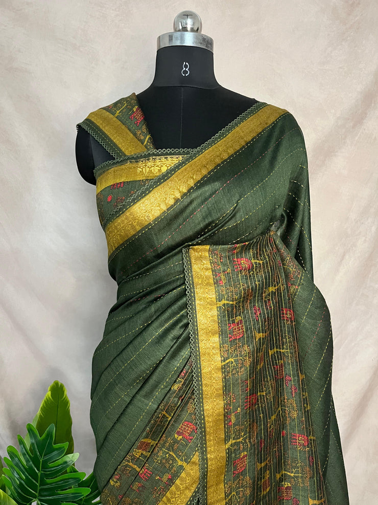 Green and yellow tussar silk saree with digital print and highlighted kantha work, includes BP