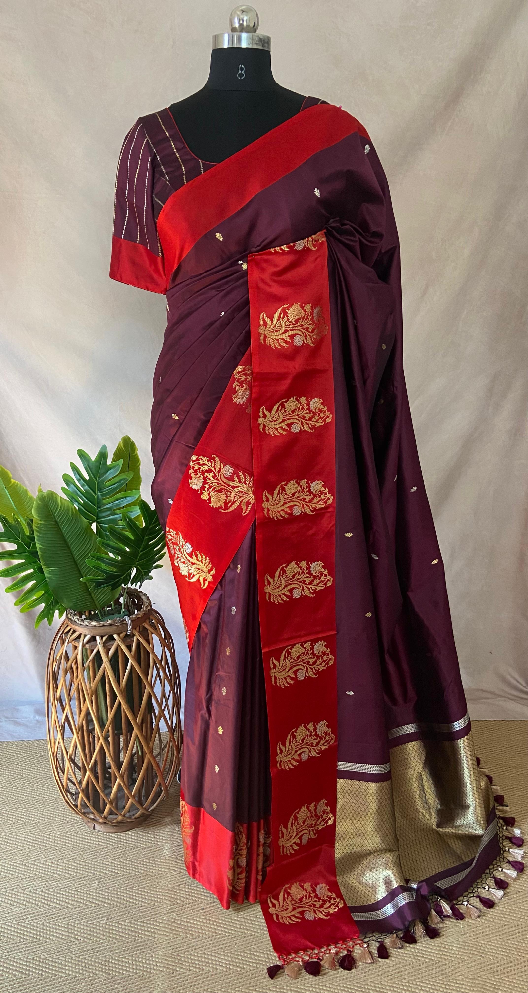 Brown pure raw mango silk saree with mashru silk border and stitched blouse
