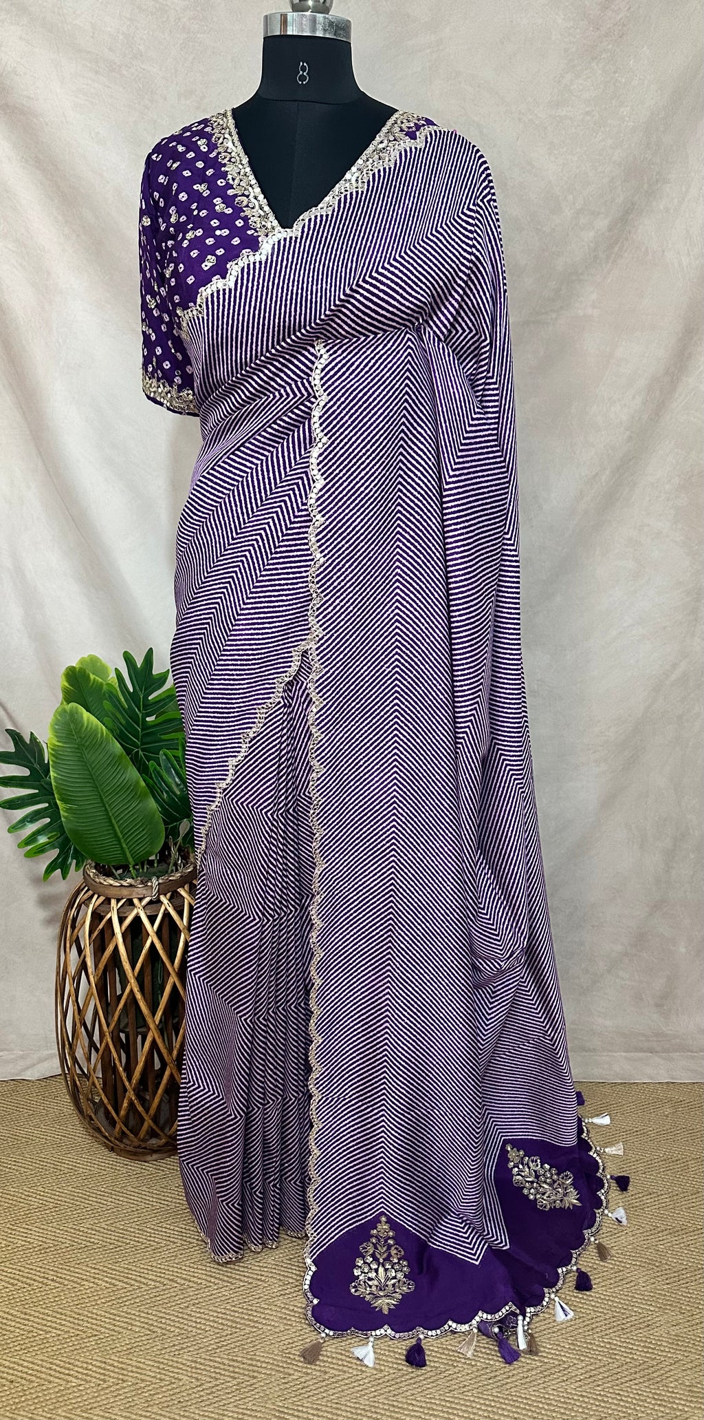 Lahariya printed tussar silk saree with handwork , stitched blouse