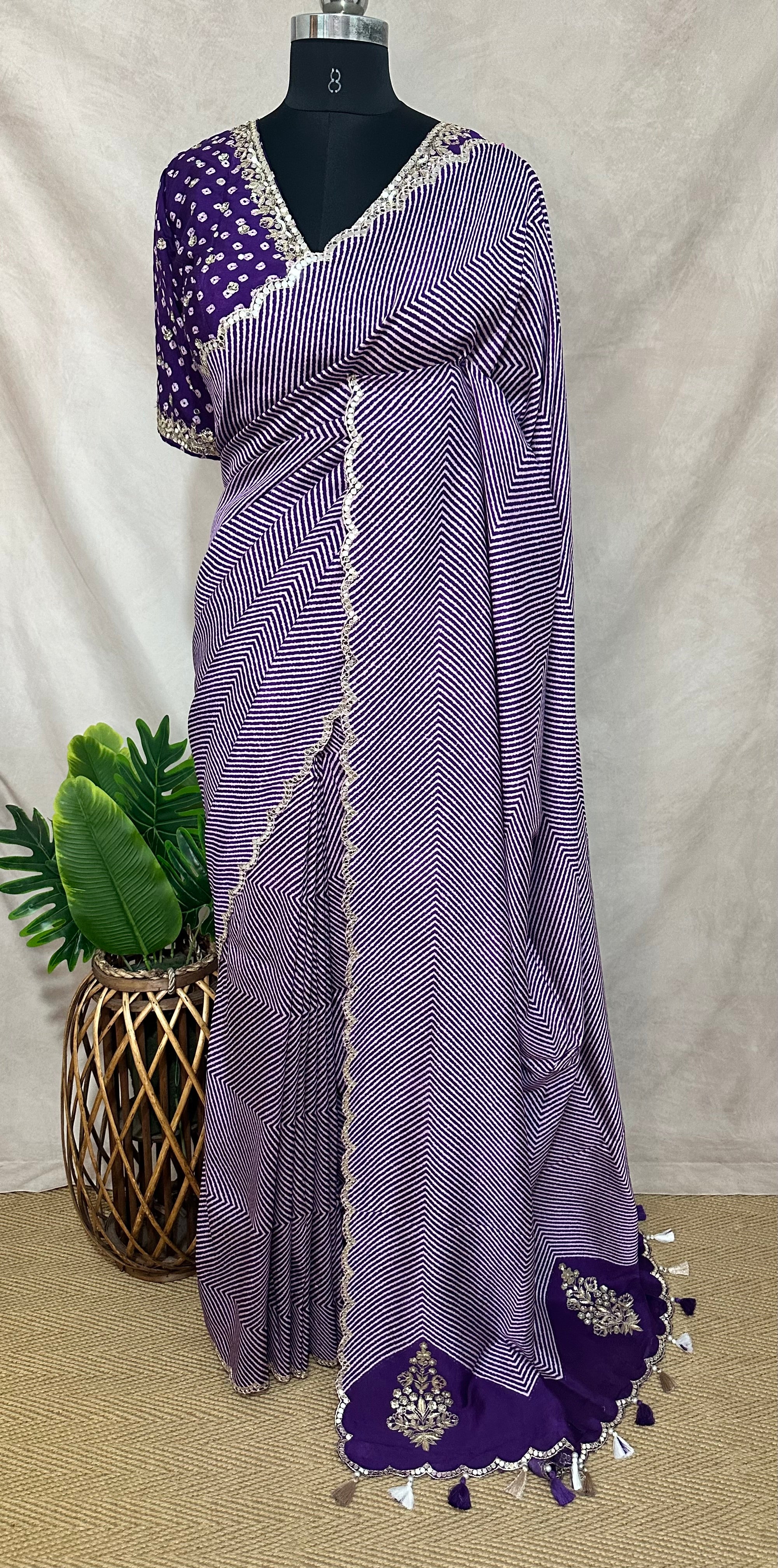 Lahariya printed tussar silk saree with handwork , stitched blouse