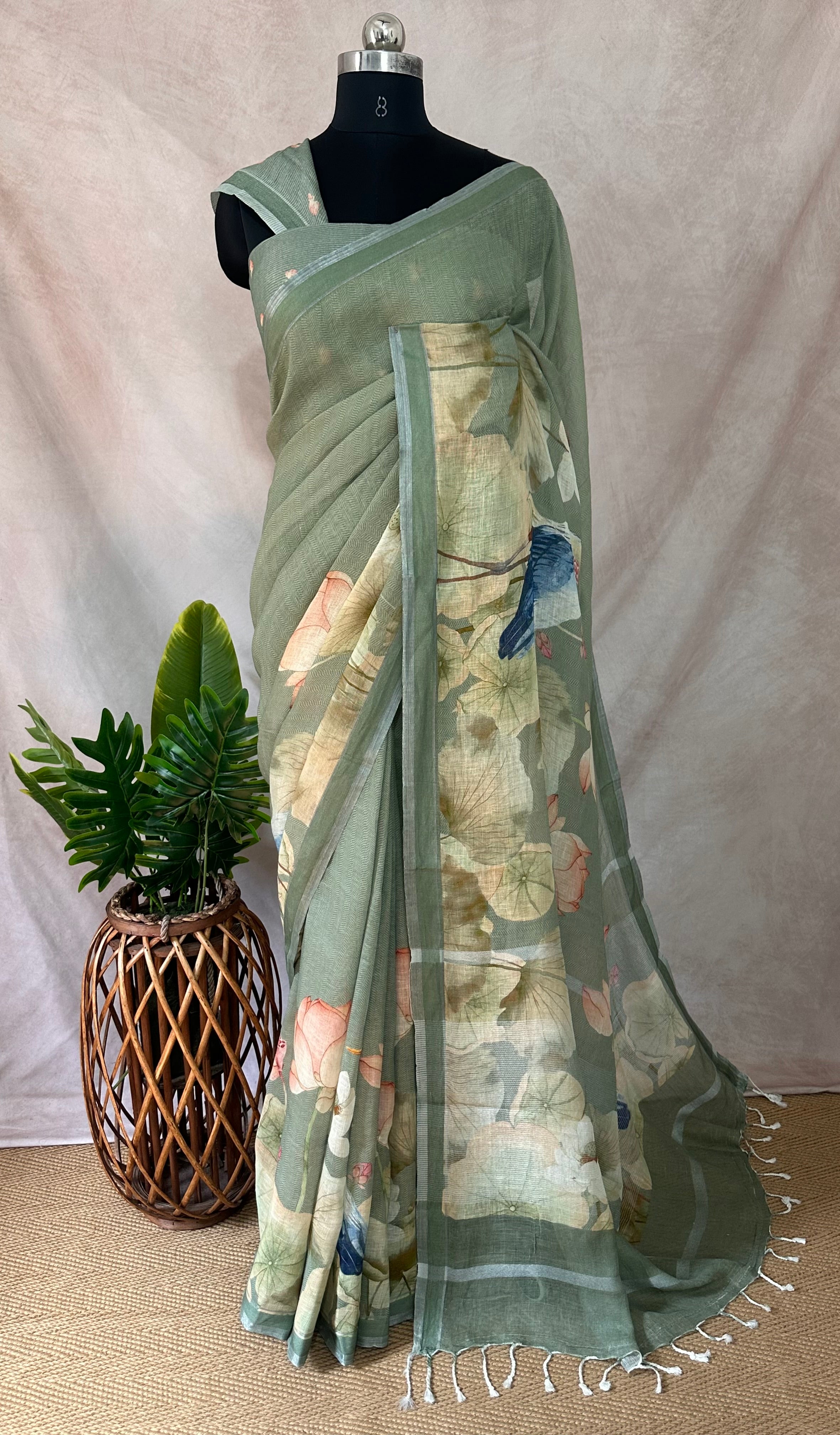 Linen digital Printed saree , with BP