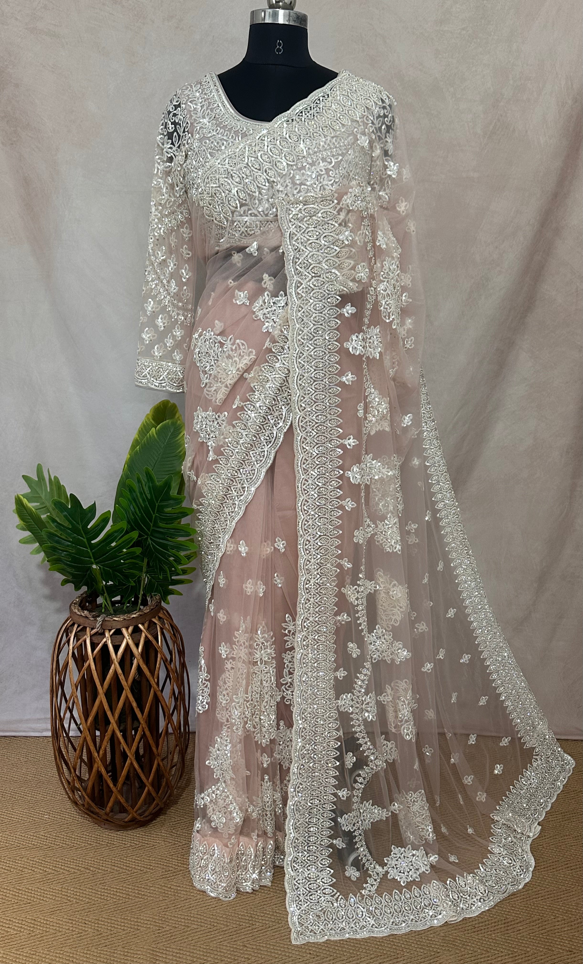 Heavy Embroidered Net Saree with stitched blouse and under skirt