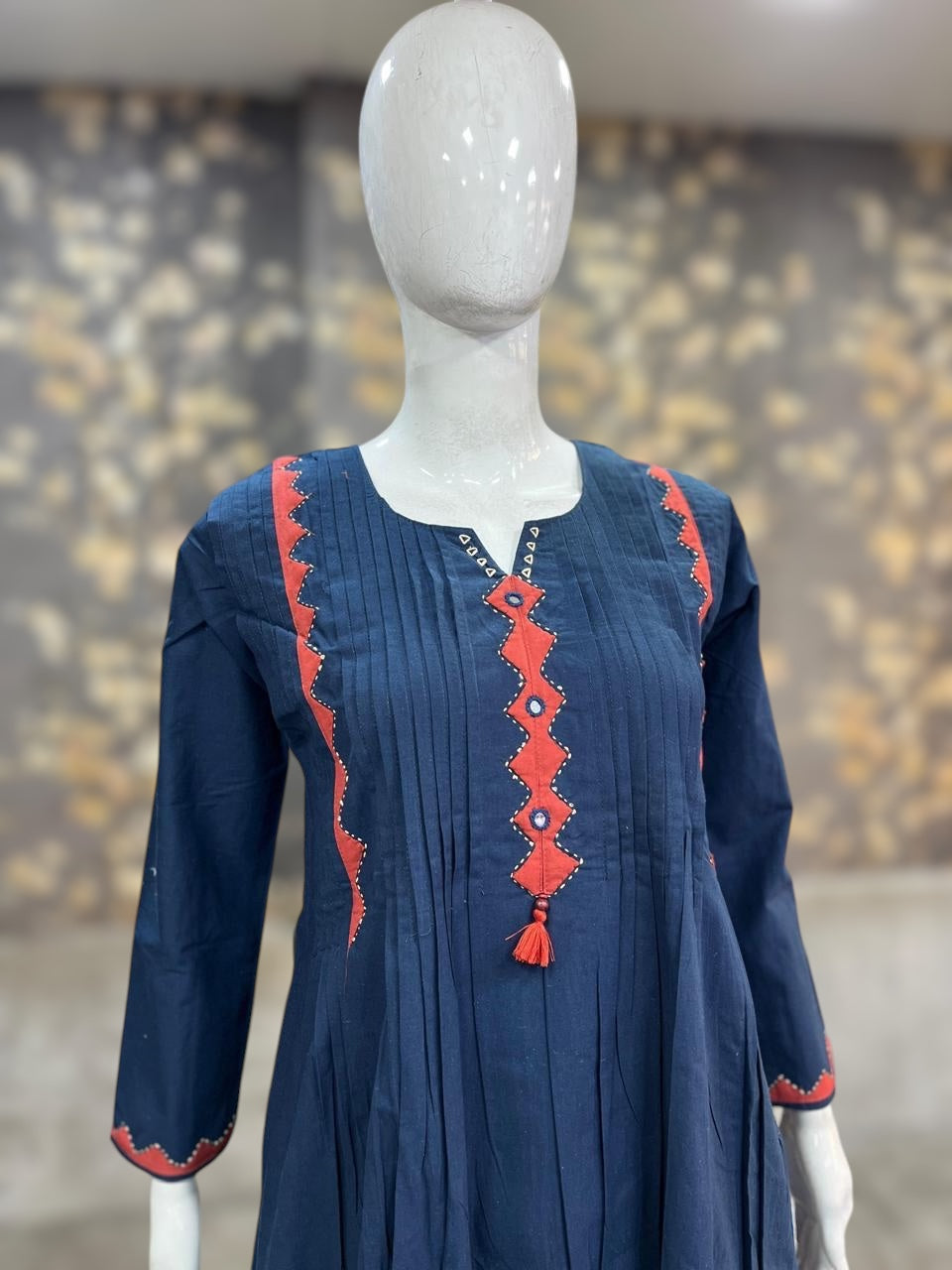 Navy blue cotton kurti with mirror and handwork, and bottom