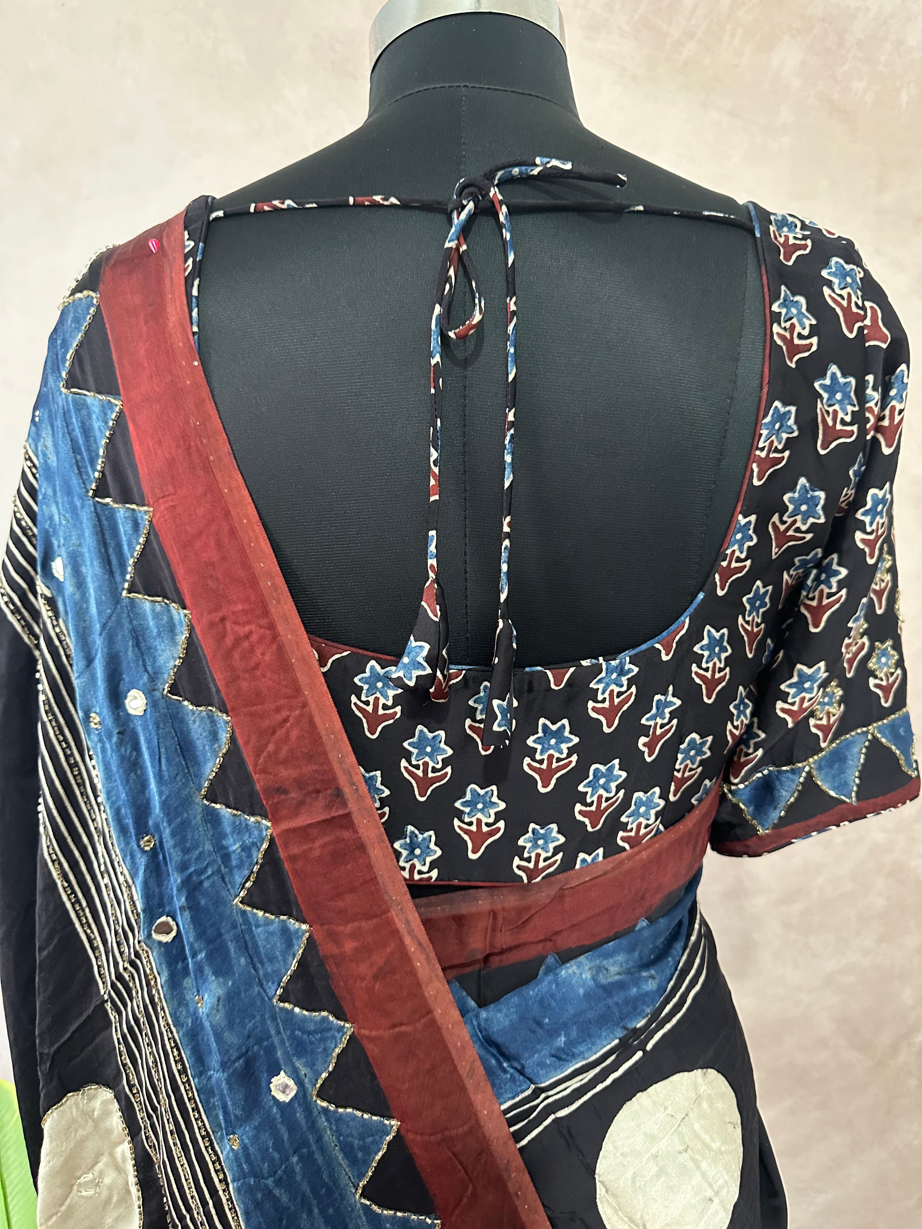 Modal silk saree with bead and mirror work , stitched blouse