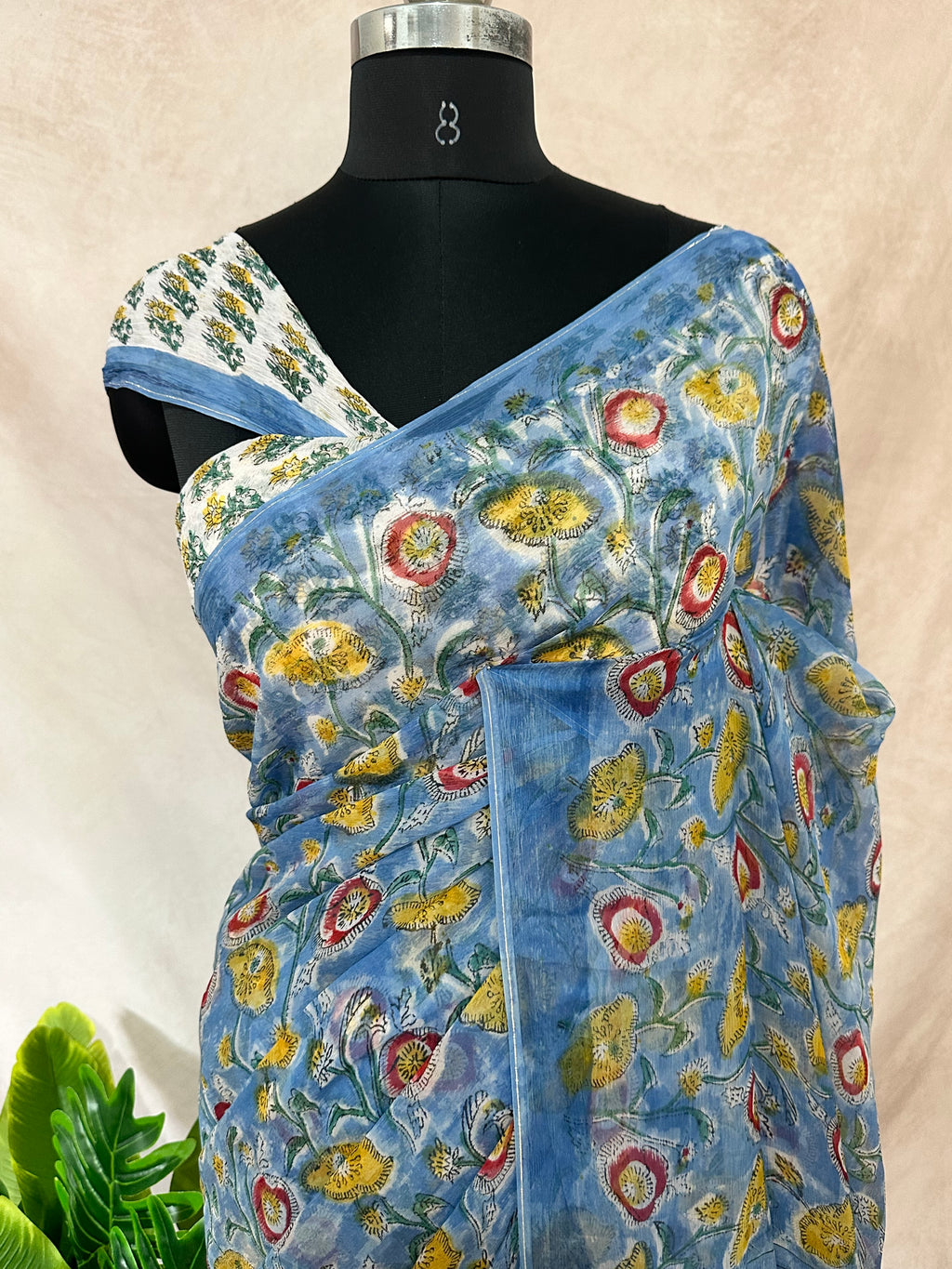 Premium handblock printed Pure Chiffon saree , with BP