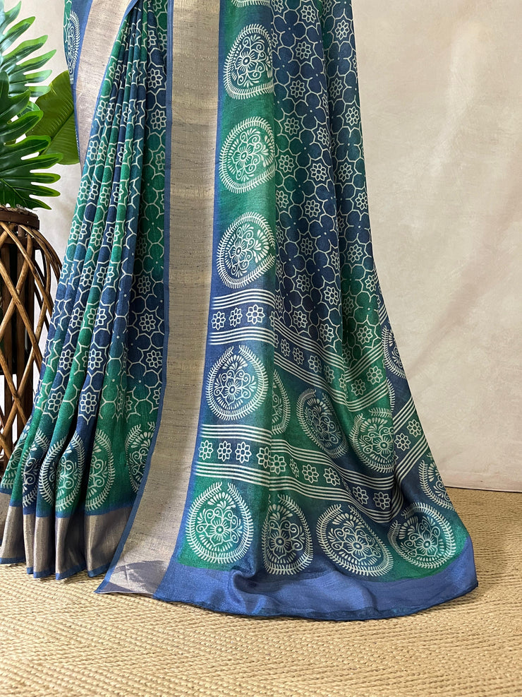 Blue semi soft tussar silk saree with floral print, with BP