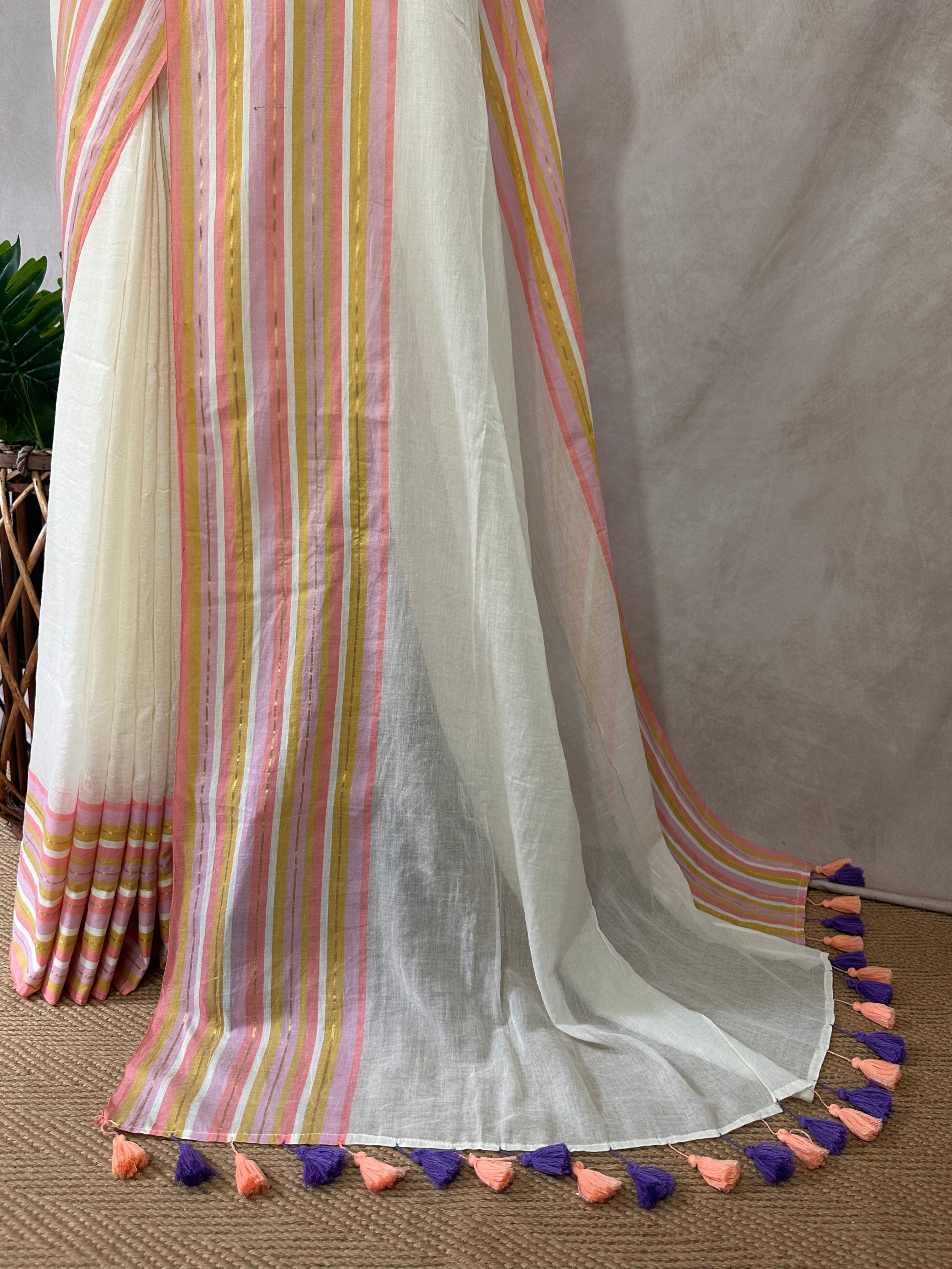 Multi color border 120 count mulcotton saree