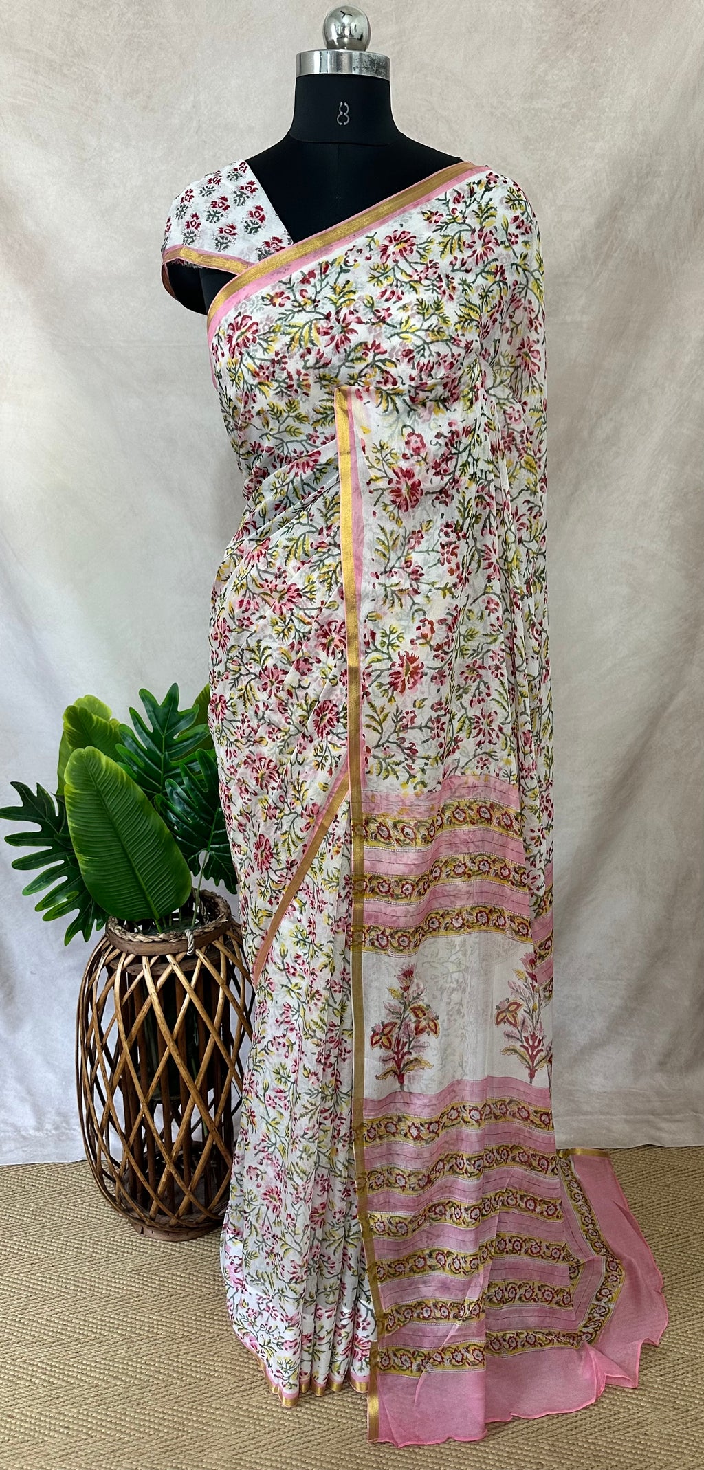 Premium handblock printed Pure Chiffon saree , with BP