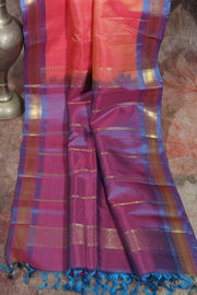 Peach and blue Combo  Kanchivaram saree with stitched blouse