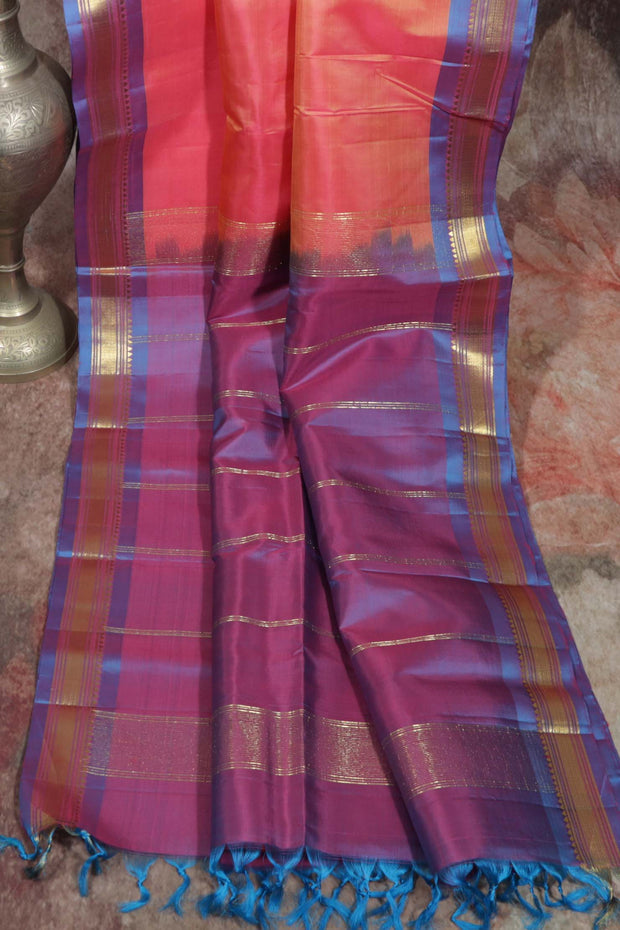 Peach and blue Combo  Kanchivaram saree with stitched blouse