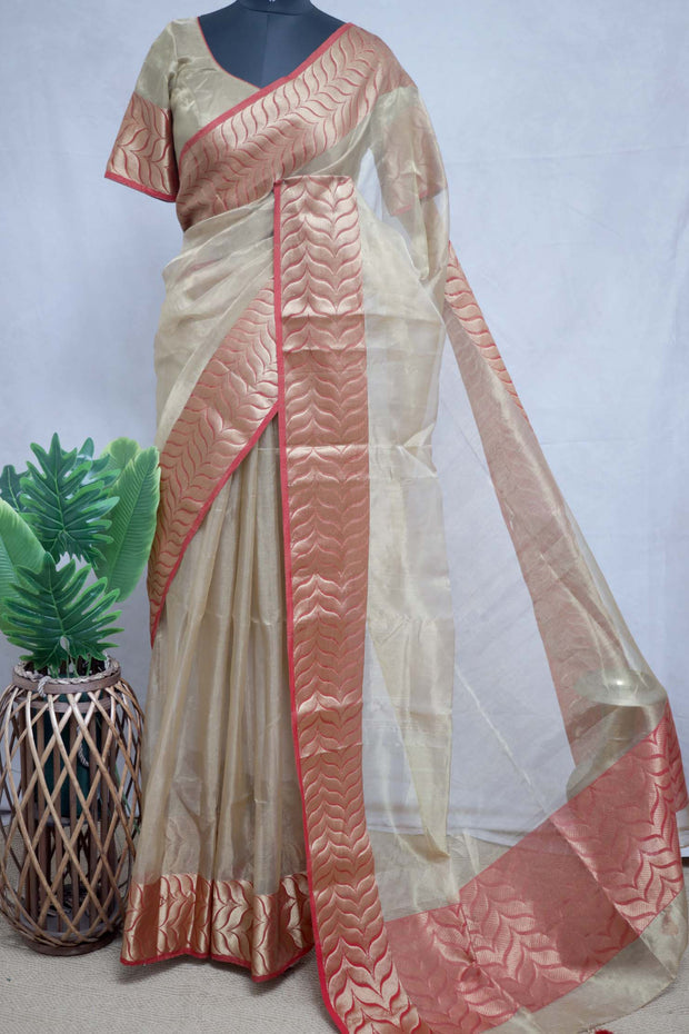 Handloom Pure tissue chanderi saree with red border