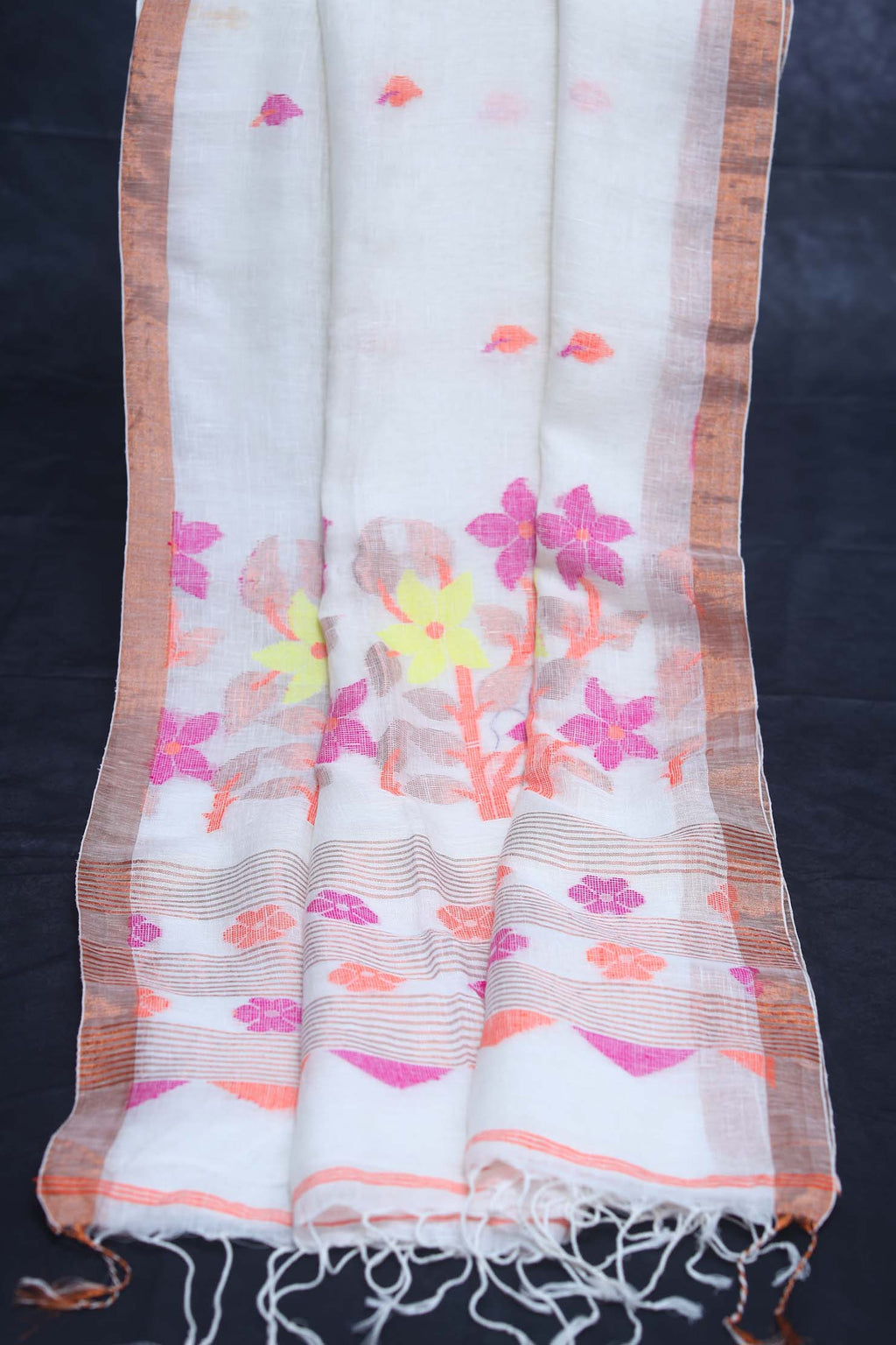 White  tissue linen saree with jamdani weave, with BP