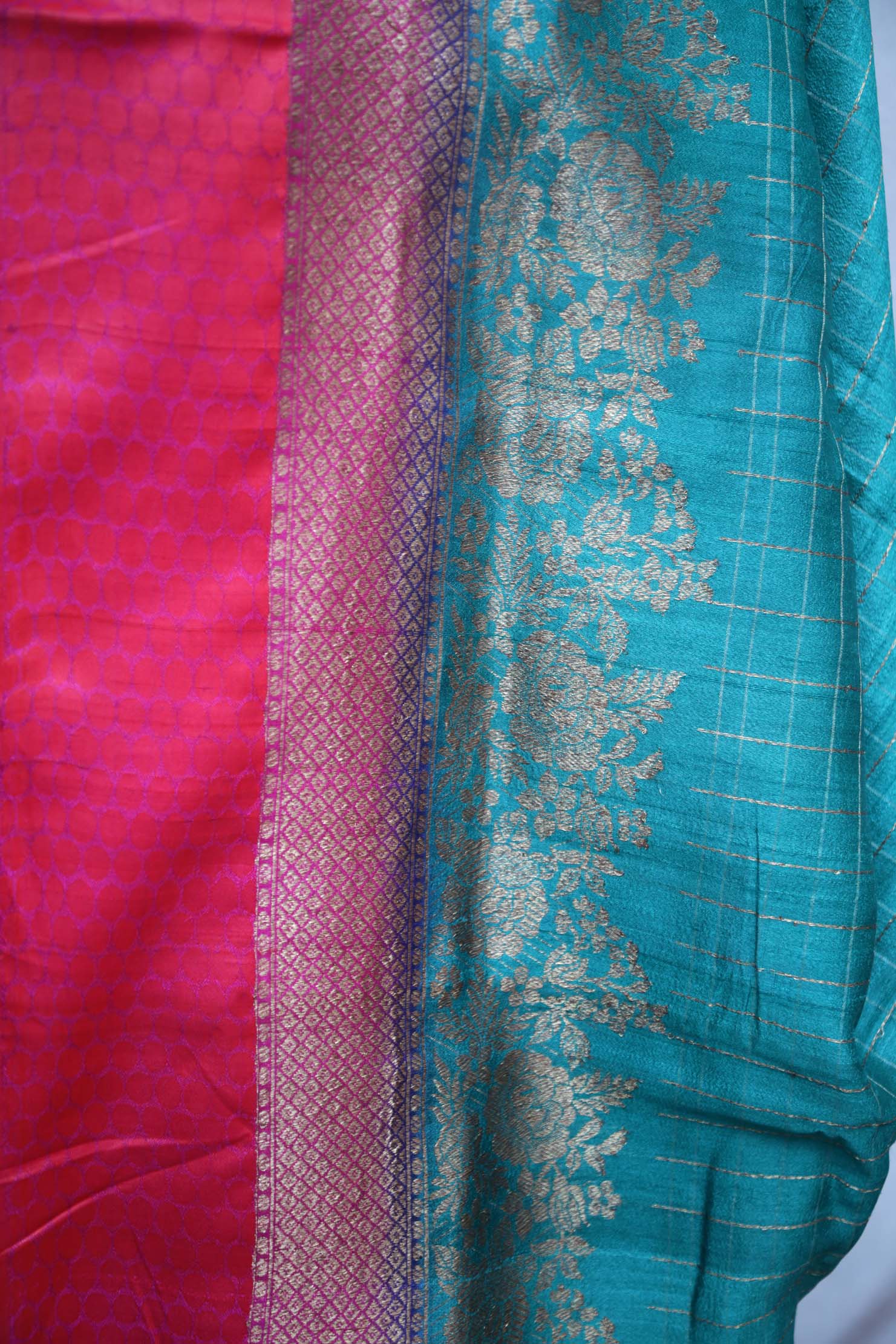Peacock green and Pink combination Tussar banarsi saree with stitched blouse