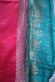 Peacocok green and Pink combination Tussar banarsi saree with stitched blouse
