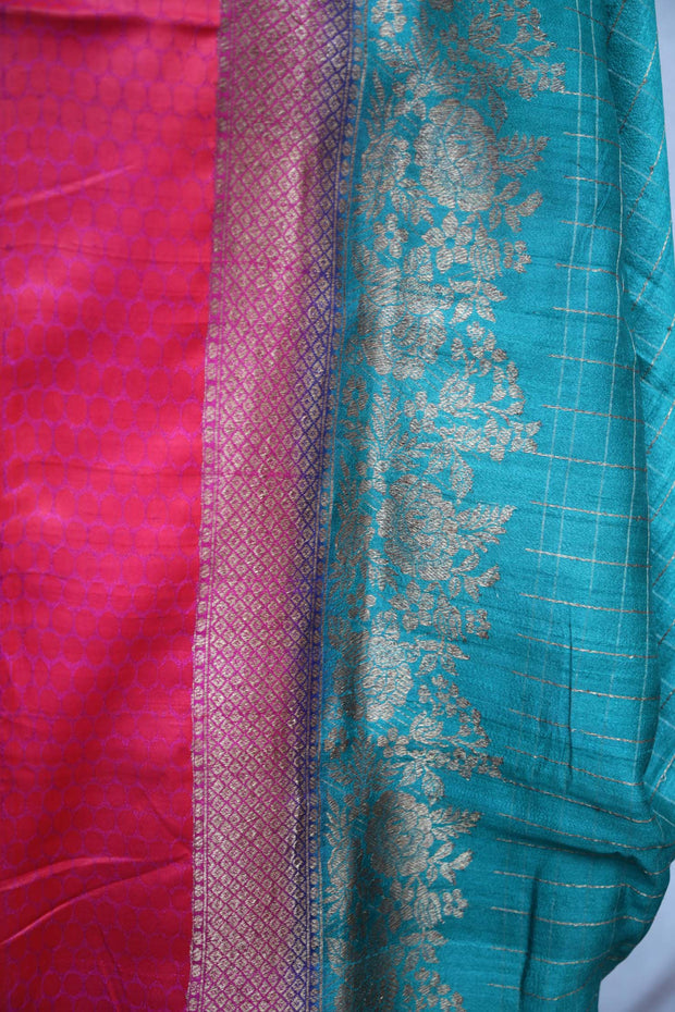Peacocok green and Pink combination Tussar banarsi saree with stitched blouse