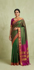 Handloom Double shaded green kanchivaram pure silk saree with pink border