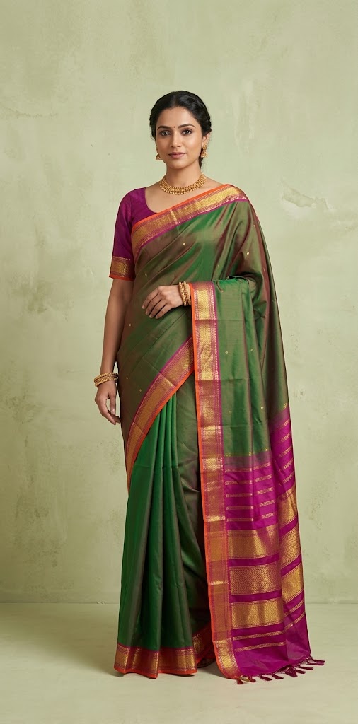 Handloom Double shaded green kanchivaram pure silk saree with pink border
