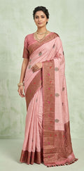 Light pink dupion silk saree with meenakari weave and stitched blouse