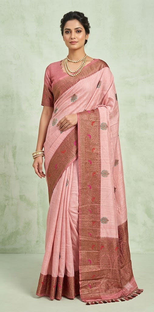 Light pink dupion silk saree with meenakari weave and stitched blouse