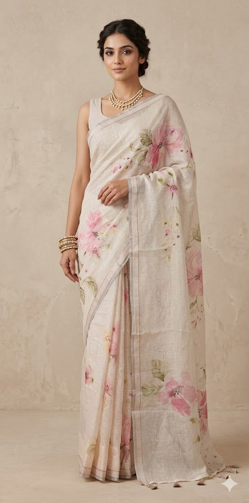 Linen floral digital Printed saree , with BP