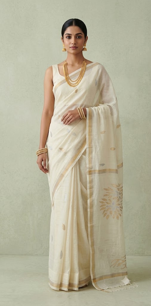 Bodhi - Pure cotton Off white color saree with Handloom jamdhani weave