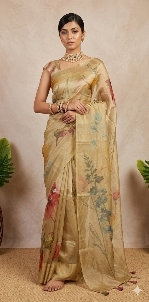 Organza silk tissue saree with digital print, with bP