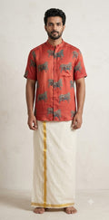 Ajrakh handblock printed Mandarin colar shirts in pure modal silk