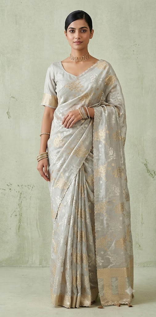 Silver tissue saree with gold floral weave, with stitched blouse