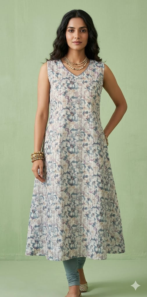 Off white printed linen dress