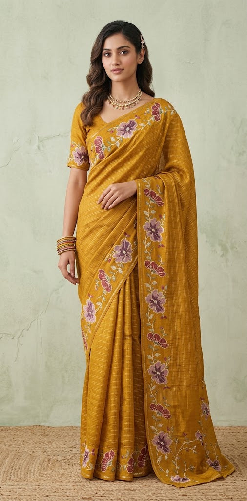 Semi tussar saree with embroidery and stitched blouse